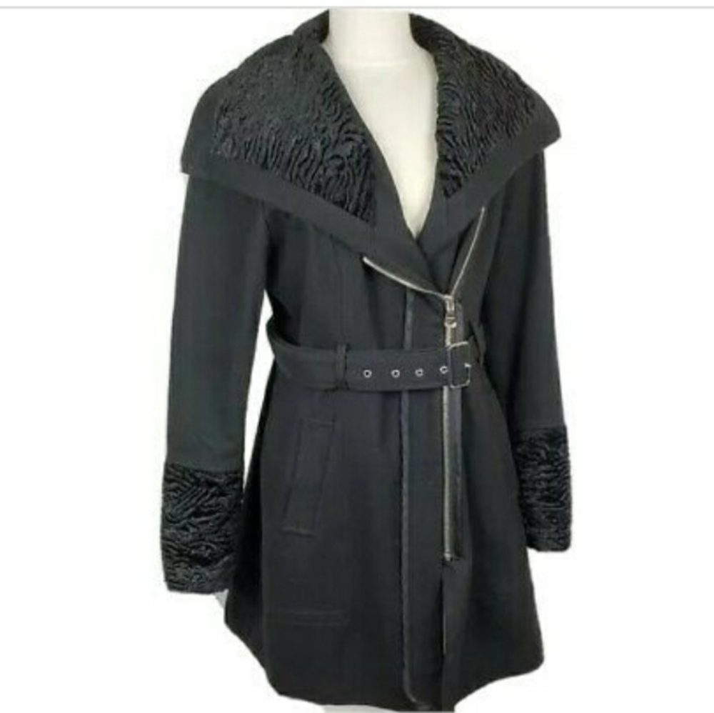 Guess Black Wool Asymmetrica Zipper Belted Coat M